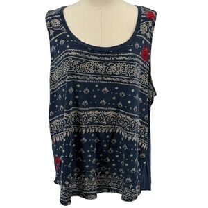 Lucky Brand Tank Top Navy Blue Embroidered Bandana Print Plus 1X